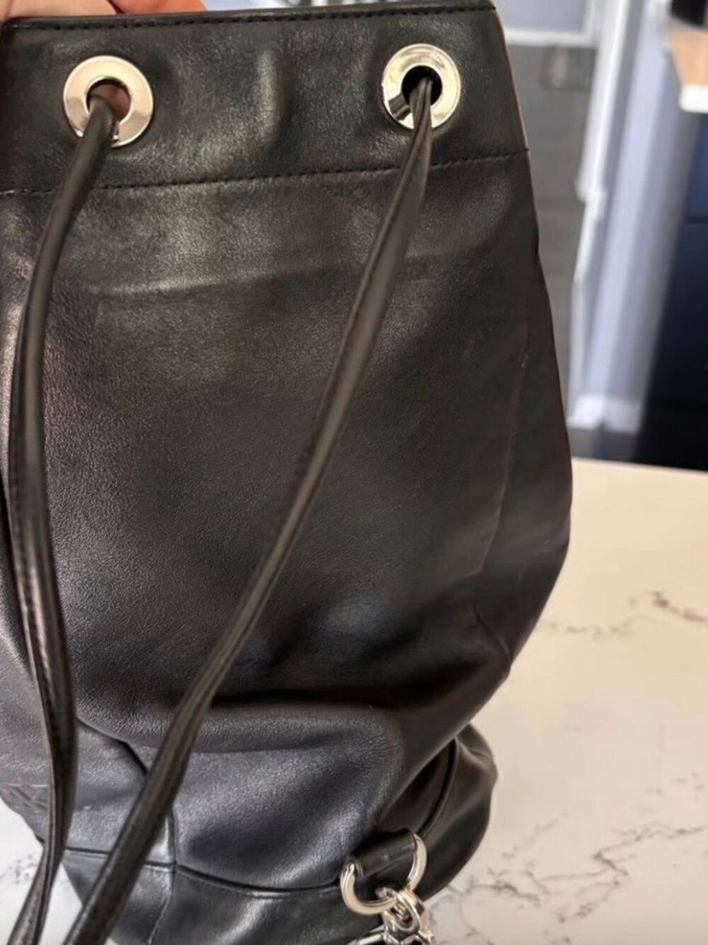 Calvin Klein Black Smooth Leather Drawstring Bucket Backpack Purse - Picture 2 of 3